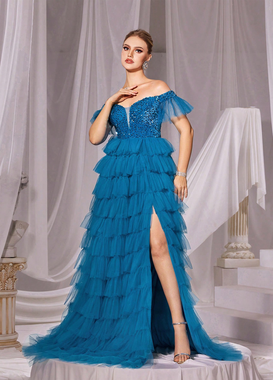 Морської хвилі вечірня сукня з спідницею-сонце, з відкритими плечима, в стилі армпір SHEIN однотонна