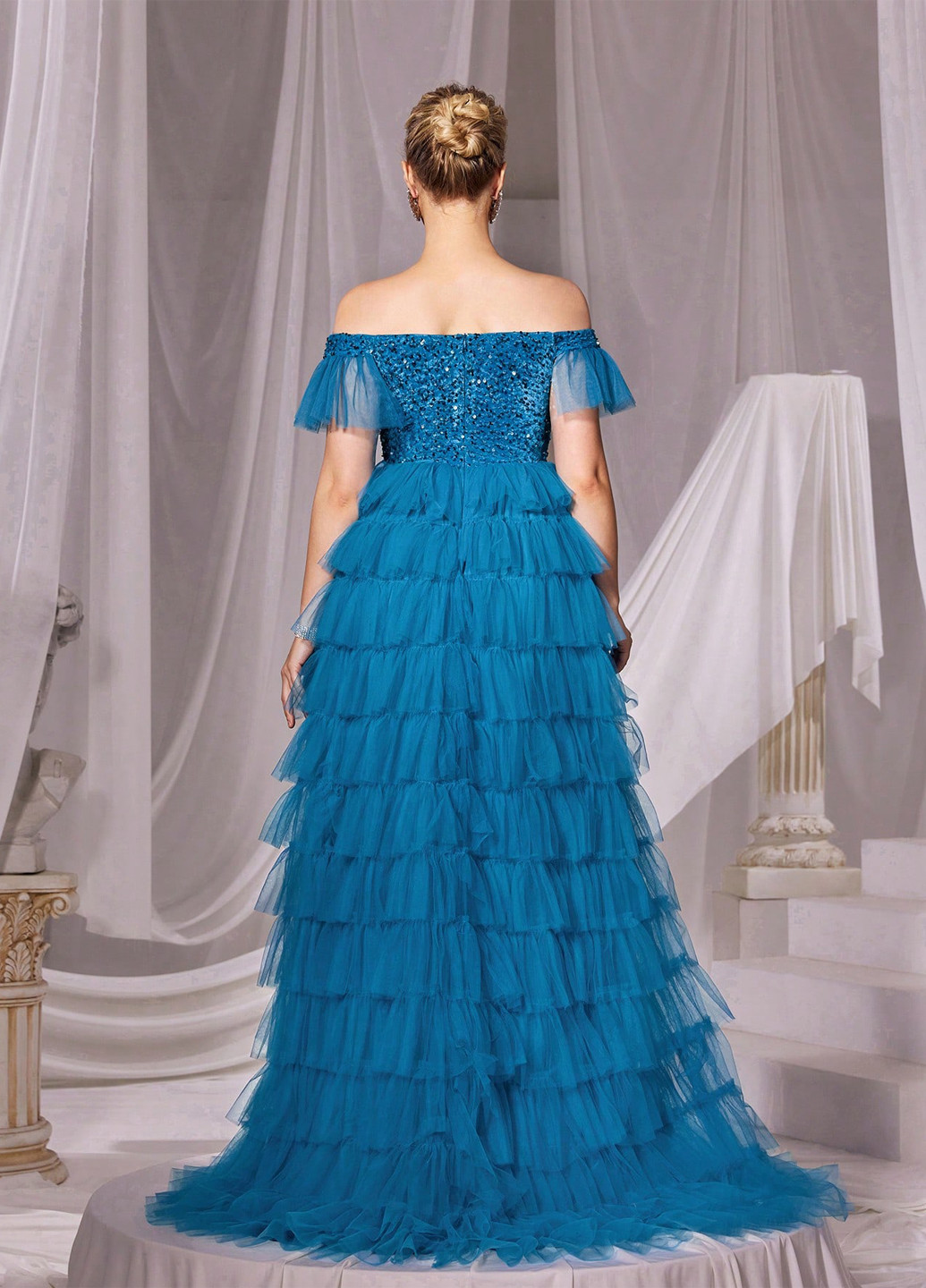 Морської хвилі вечірня сукня з спідницею-сонце, з відкритими плечима, в стилі армпір SHEIN однотонна