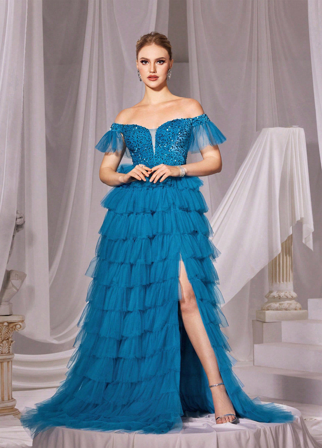 Морської хвилі вечірня сукня з спідницею-сонце, з відкритими плечима, в стилі армпір SHEIN однотонна