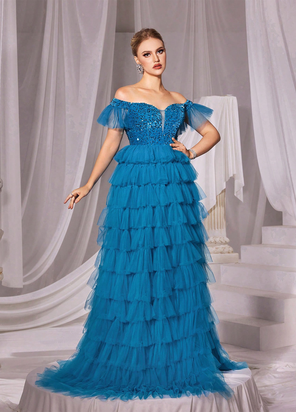 Морської хвилі вечірня сукня з спідницею-сонце, з відкритими плечима, в стилі армпір SHEIN однотонна