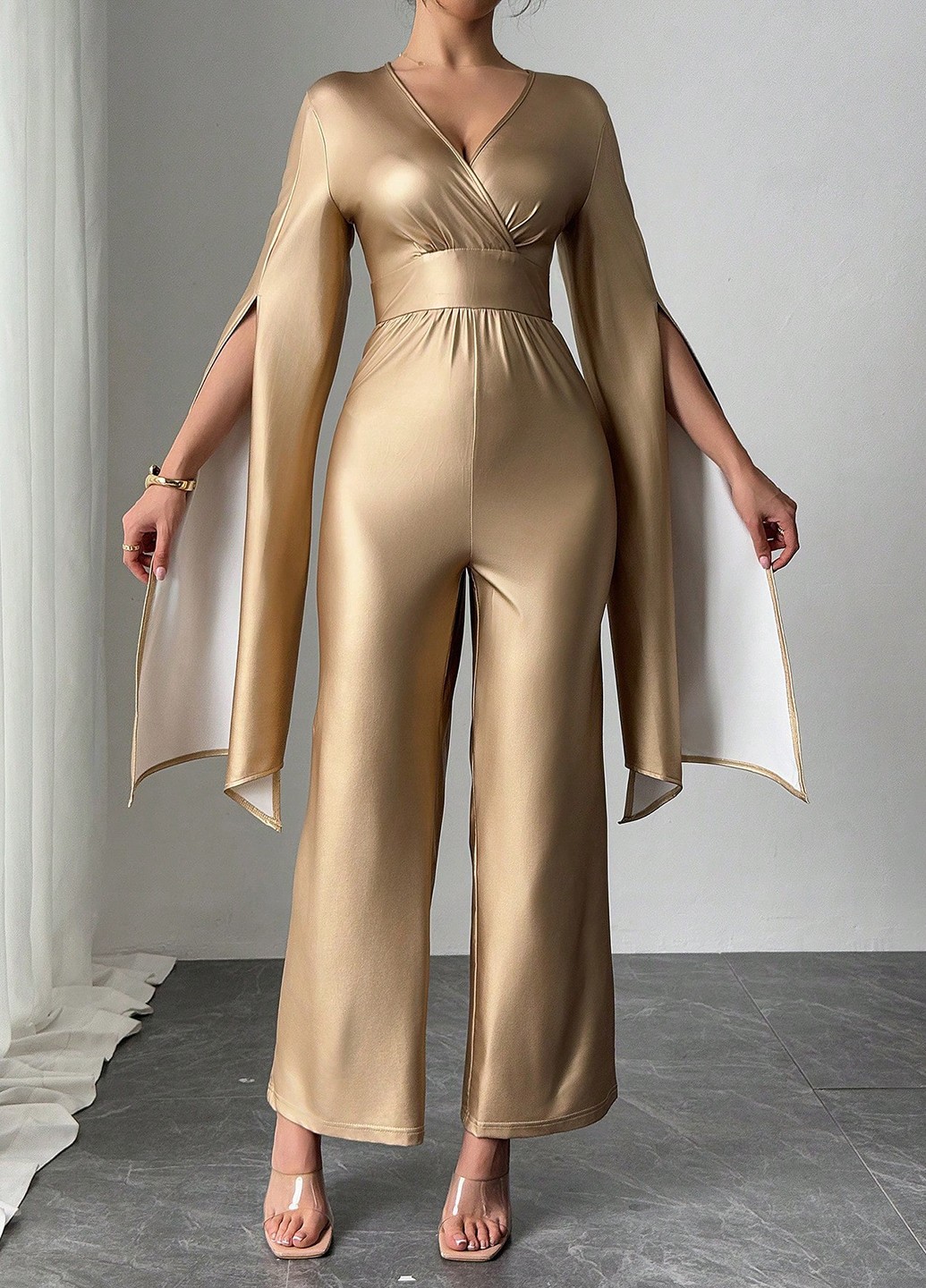 Комбинезон SHEIN комбинезон-брюки однотонный золотой вечерний полиэстер
