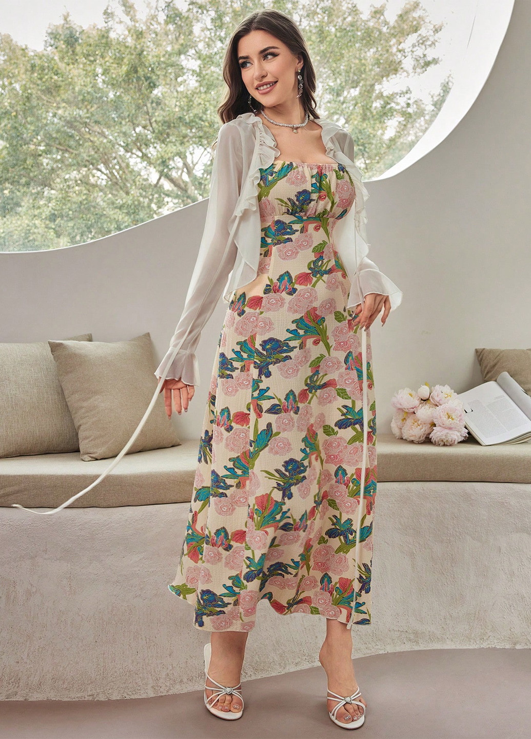 Кремовый демисезонный комплект (платье, болеро) SHEIN