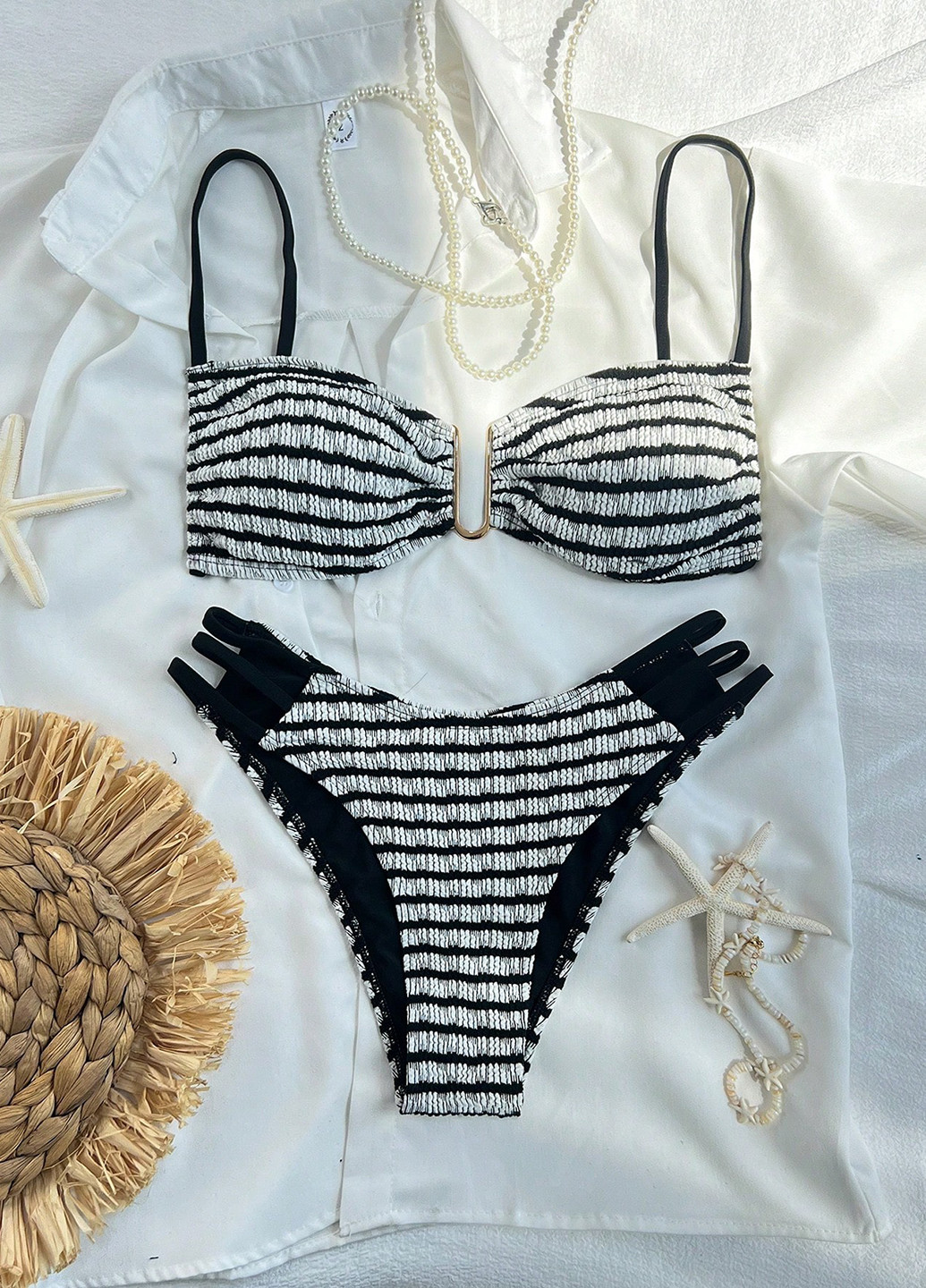 Черно-белый летний купальник (лиф, трусики) бикини, раздельный SHEIN
