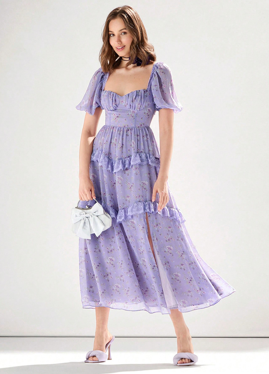 Фиолетовое праздничный, кэжуал платье клеш, с открытой спиной SHEIN с цветочным принтом