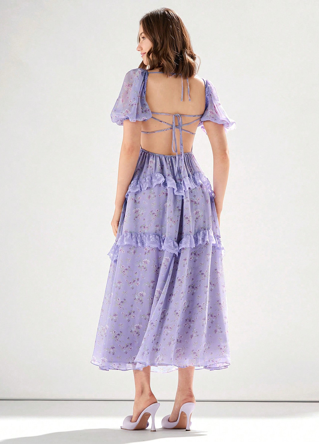 Фиолетовое праздничный, кэжуал платье клеш, с открытой спиной SHEIN с цветочным принтом