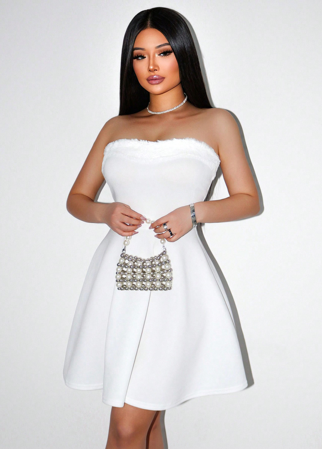 Белое праздничный, коктейльное платье бандо SHEIN однотонное