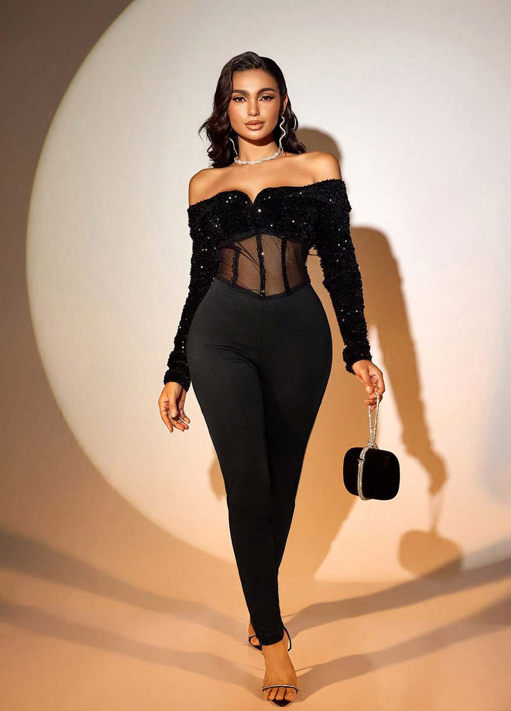 Комбінезон SHEIN комбінезон-брюки однотонний чорний вечірній поліестер