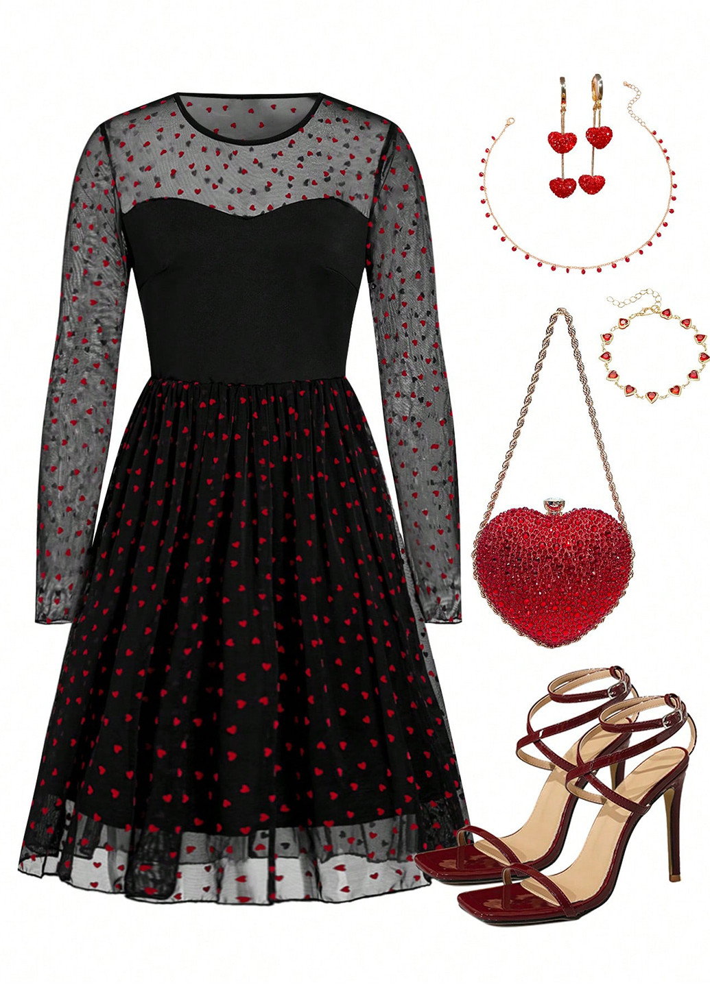 Черное кэжуал платье а-силуэт SHEIN сердечки