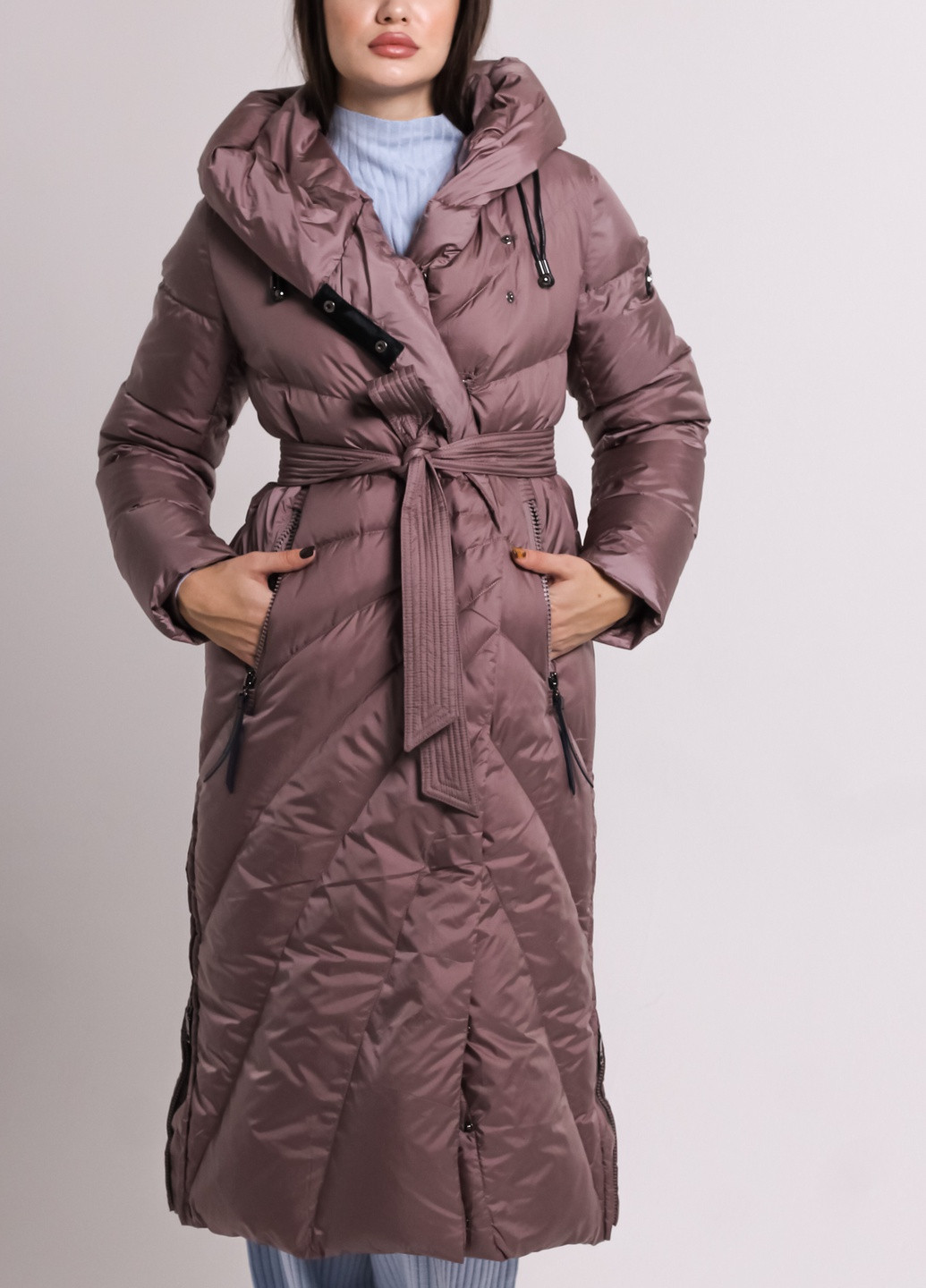 Светло-коричневое зимнее Пальто с поясом капучино Clasna
