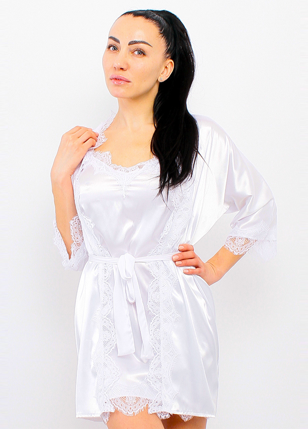 Белый демисезонный комплект (ночная рубашка, халат) Ghazel