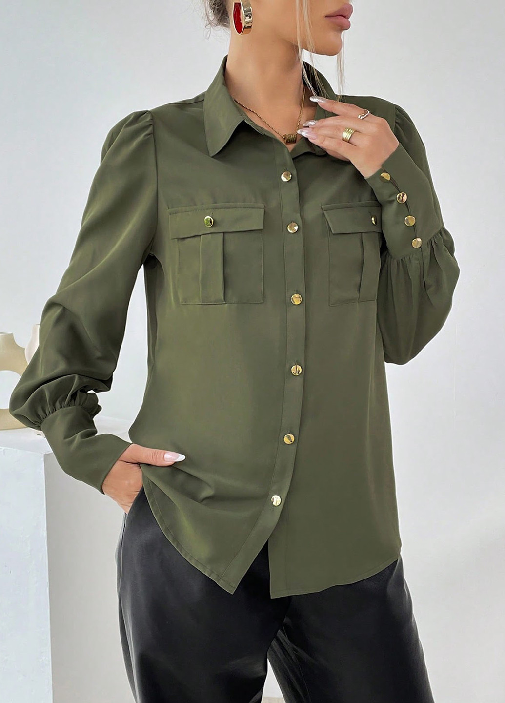 Оливковковая (хаки) кэжуал рубашка однотонная SHEIN
