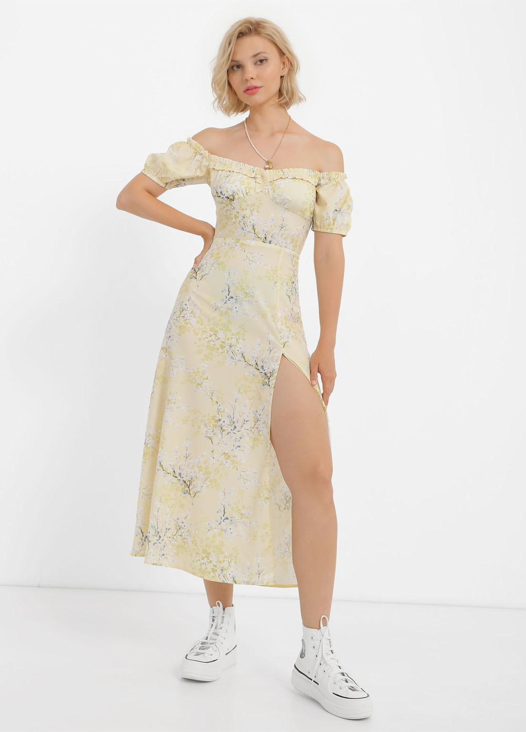 Світло-жовтий кежуал сукня з відкритими плечима Braska з квітковим принтом
