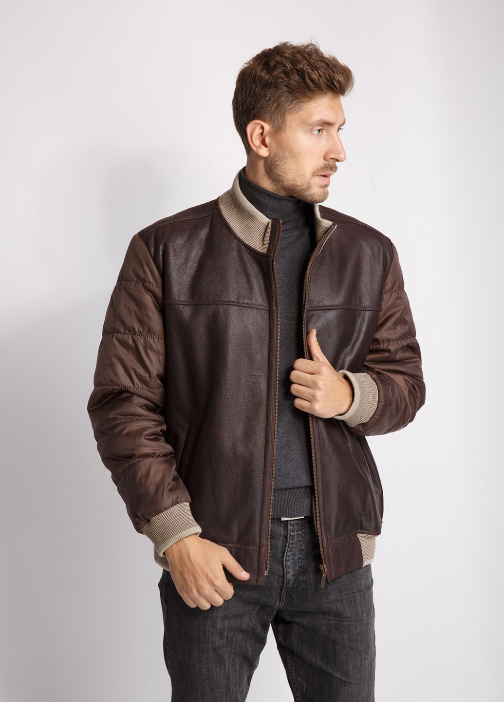 Темно-коричневая демисезонная куртка кожаная De Niro