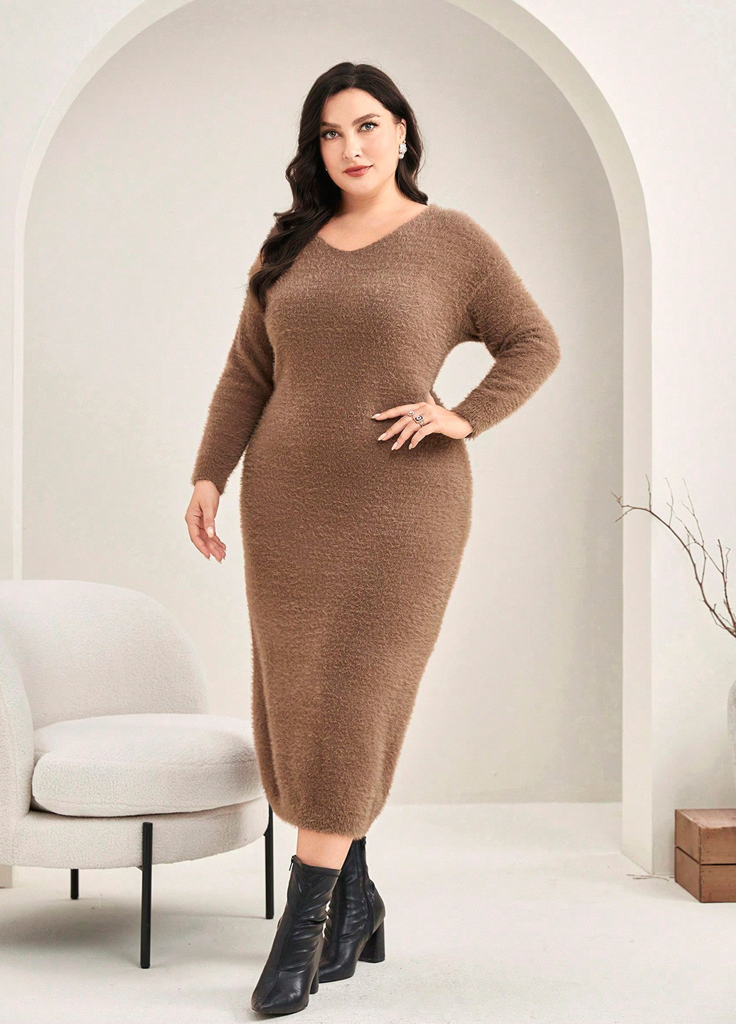 Коричнева кежуал сукня сукня светр SHEIN однотонна