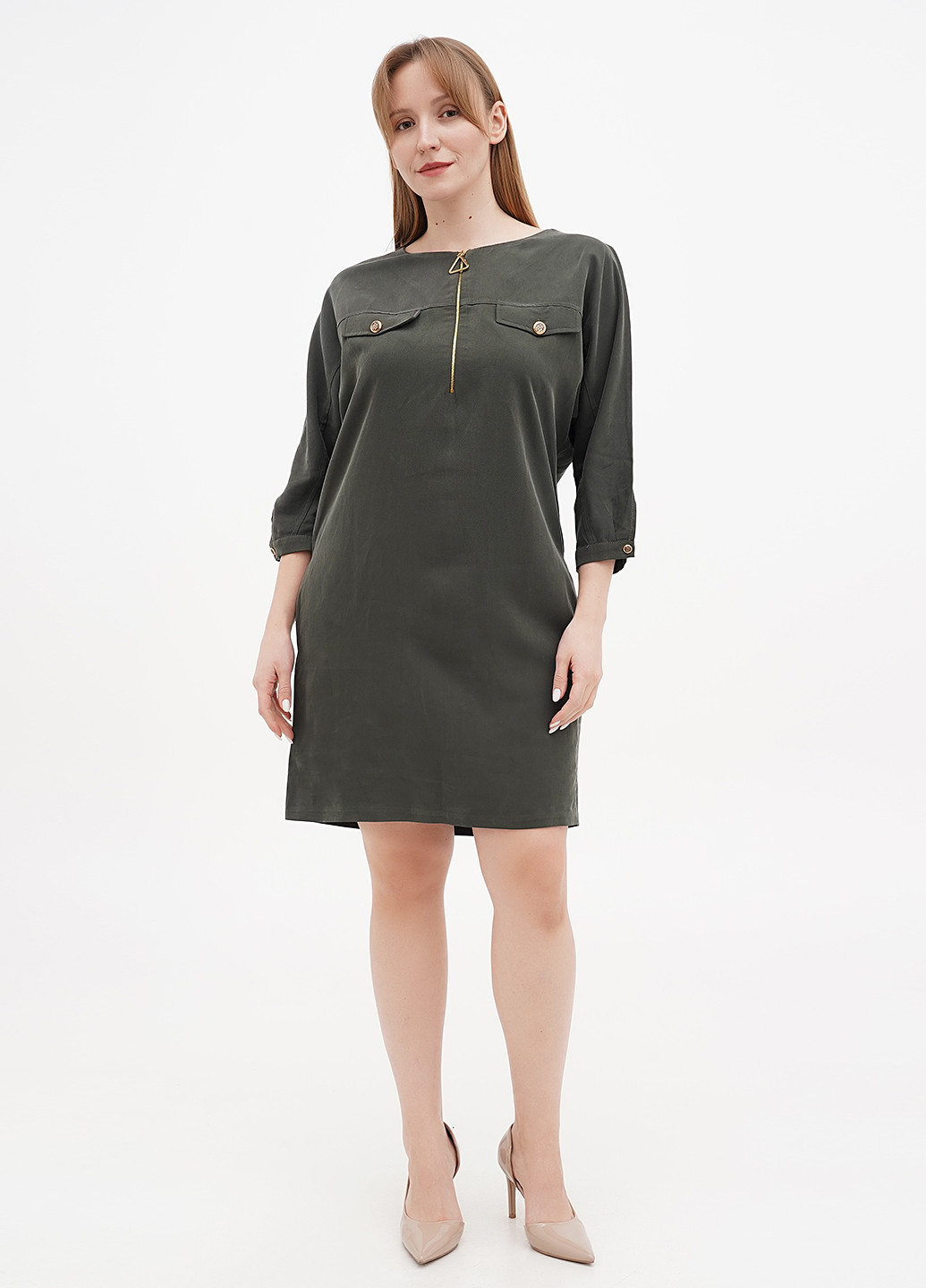 Оливковое (хаки) кэжуал платье Sassofono однотонное