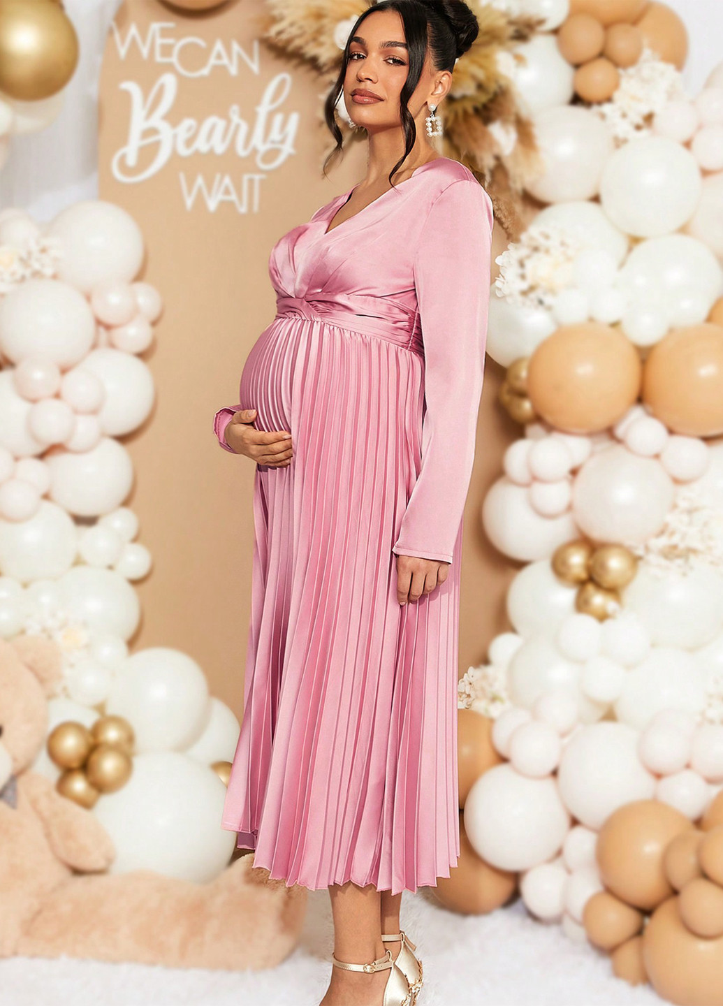 Рожева святковий, вечірня сукня для вагітних плісована SHEIN однотонна