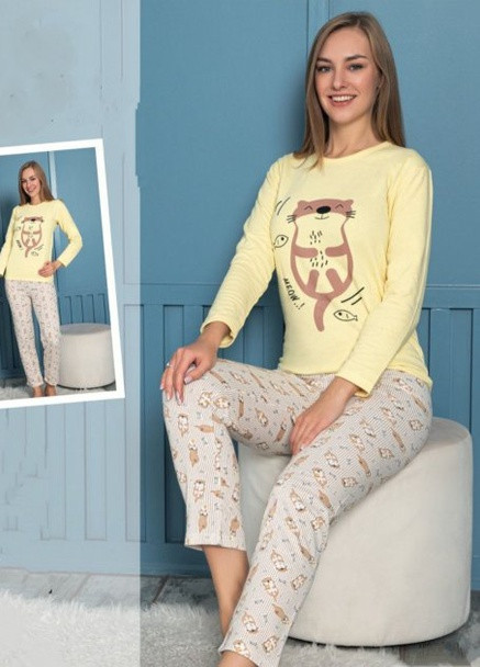 Желтый зимний пижама с начесом (лонгслив, брюки) Lila Pijama