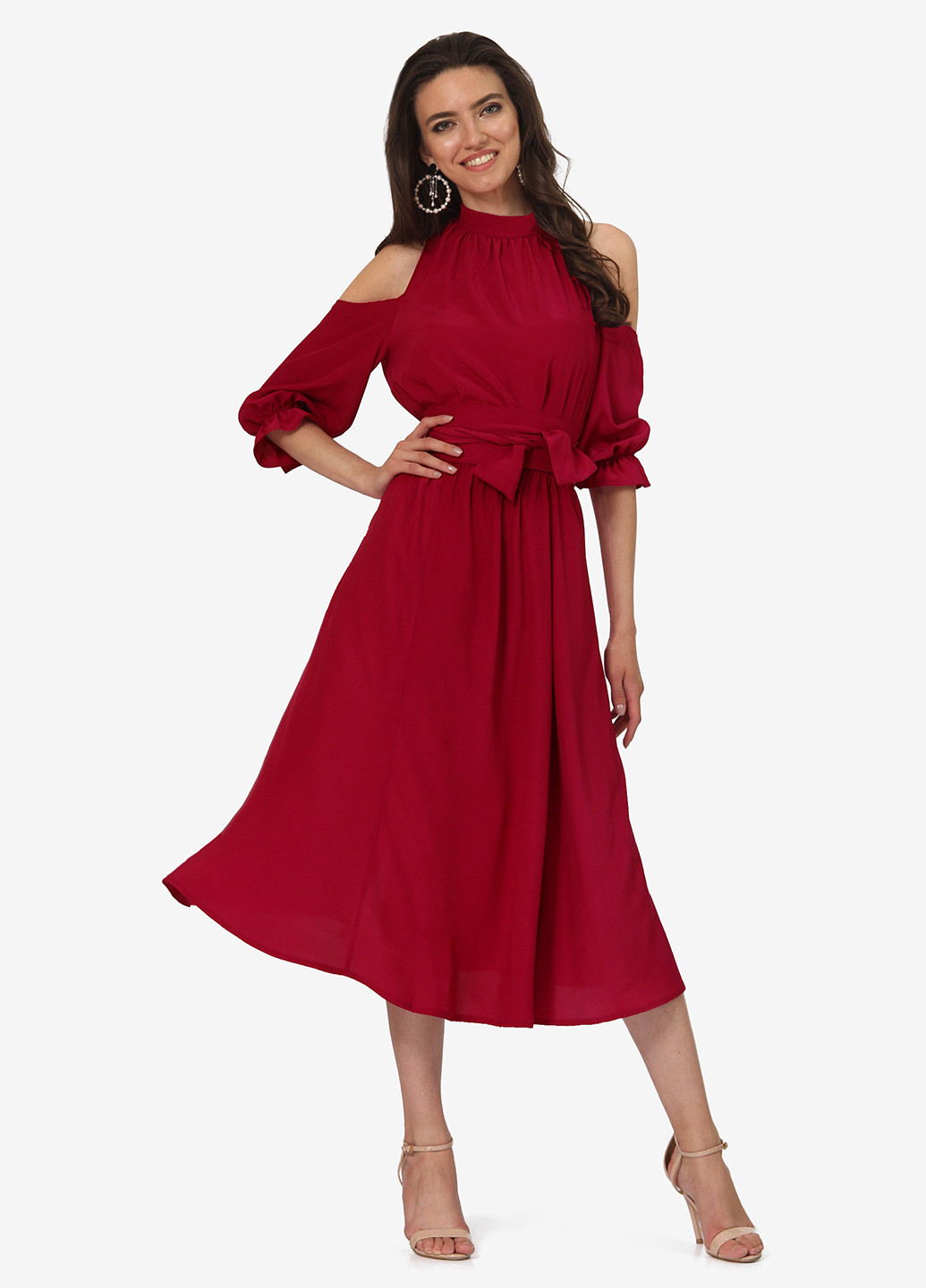 Темно-красное кэжуал платье клеш, с открытыми плечами Lila Kass однотонное
