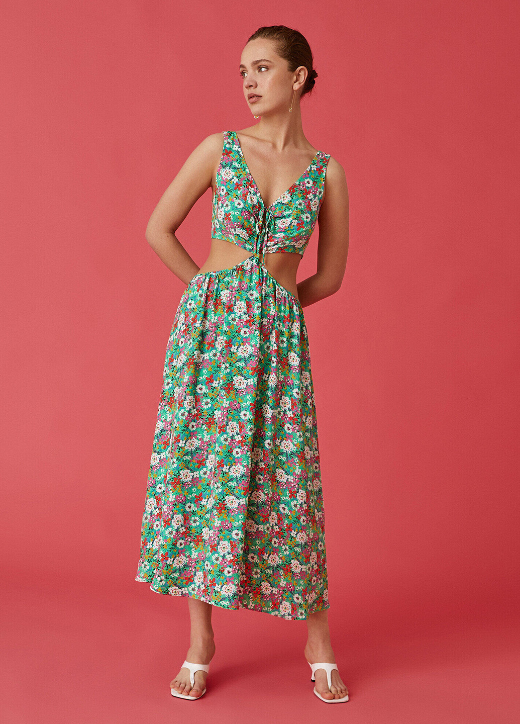 Зеленое кэжуал платье клеш KOTON с цветочным принтом