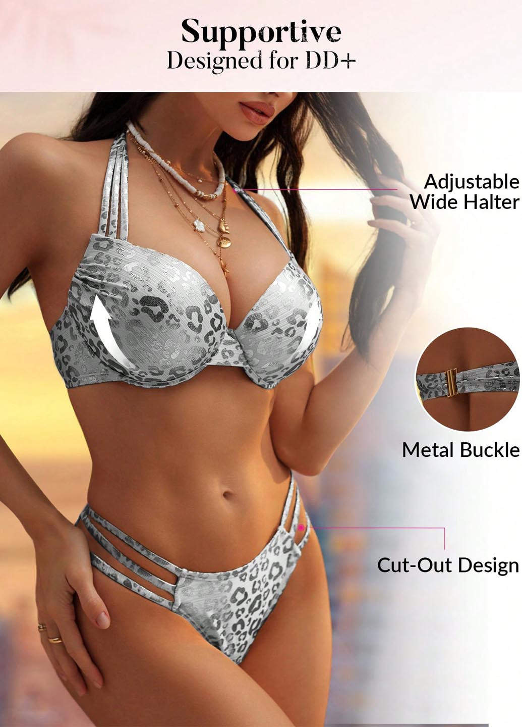 Серебряный летний купальник (лиф, трусики) балконет, раздельный SHEIN