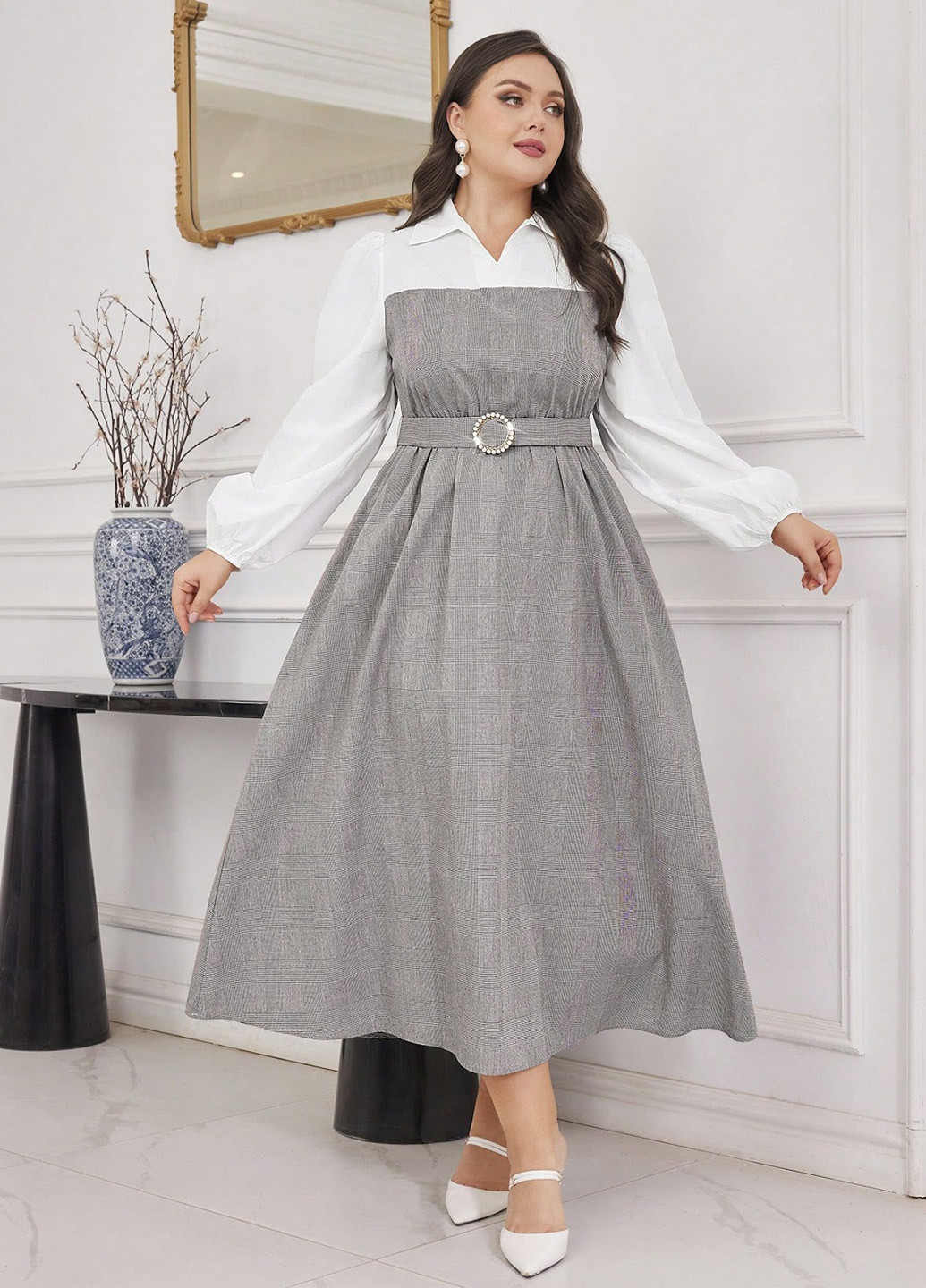 Светло-серое кэжуал, деловое, праздничный платье клеш, рубашка SHEIN в клетку