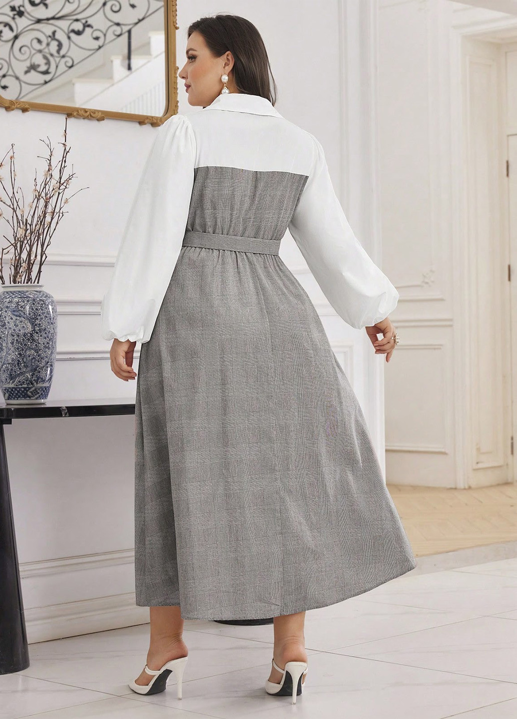 Светло-серое кэжуал, деловое, праздничный платье клеш, рубашка SHEIN в клетку