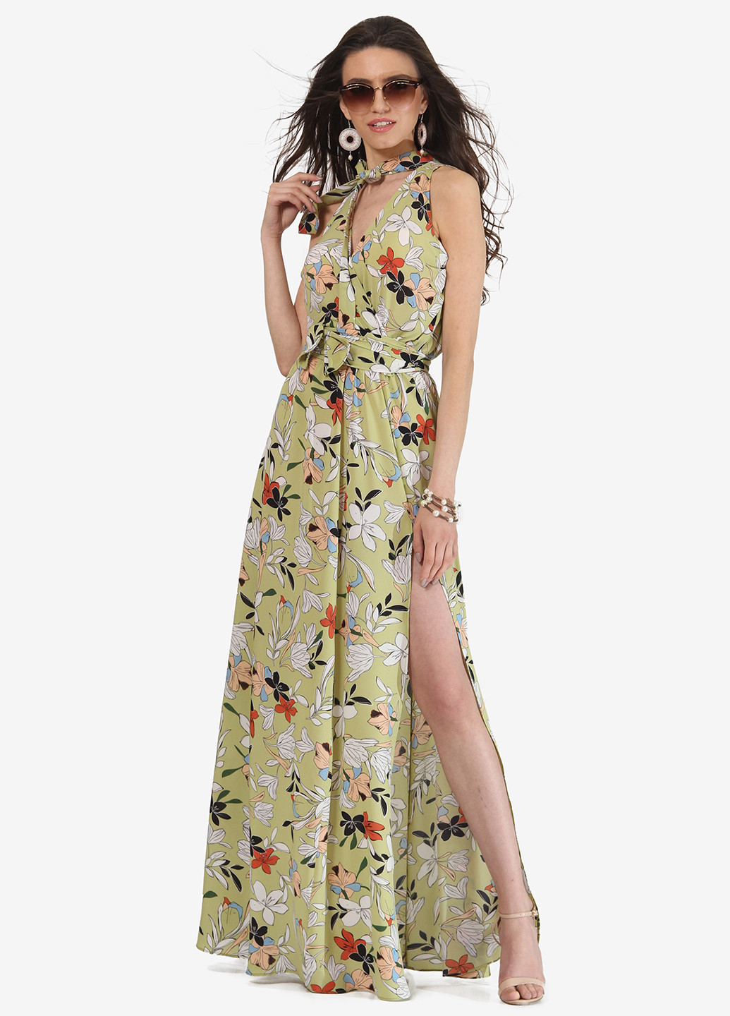 Салатовое кэжуал платье клеш, на запах Lila Kass с цветочным принтом