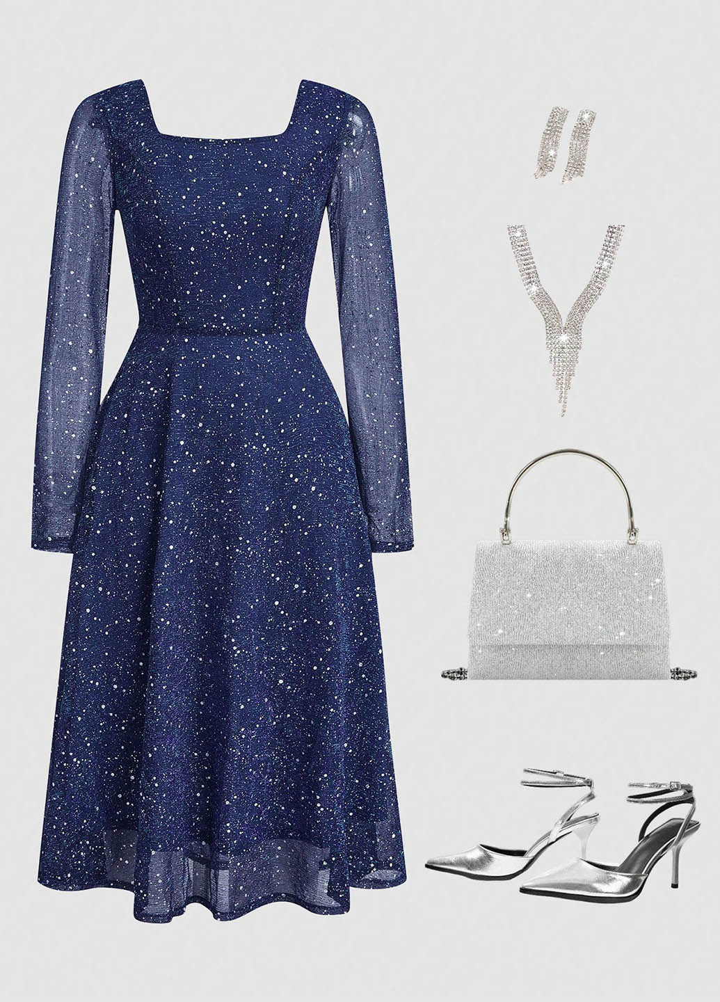 Синее вечернее платье клеш SHEIN однотонное