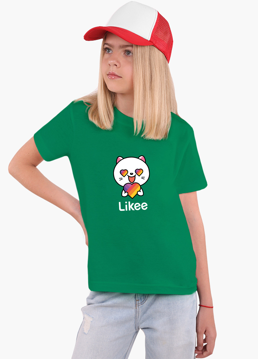 Зеленая демисезонная футболка детская лайк котик (likee cat)(9224-1036) MobiPrint