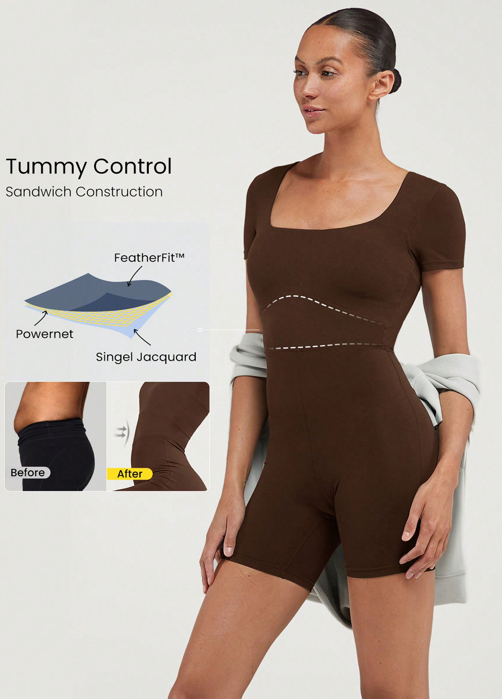 Комбінезон SHEIN комбінезон-шорти однотонний коричневий спортивний поліамід, трикотаж