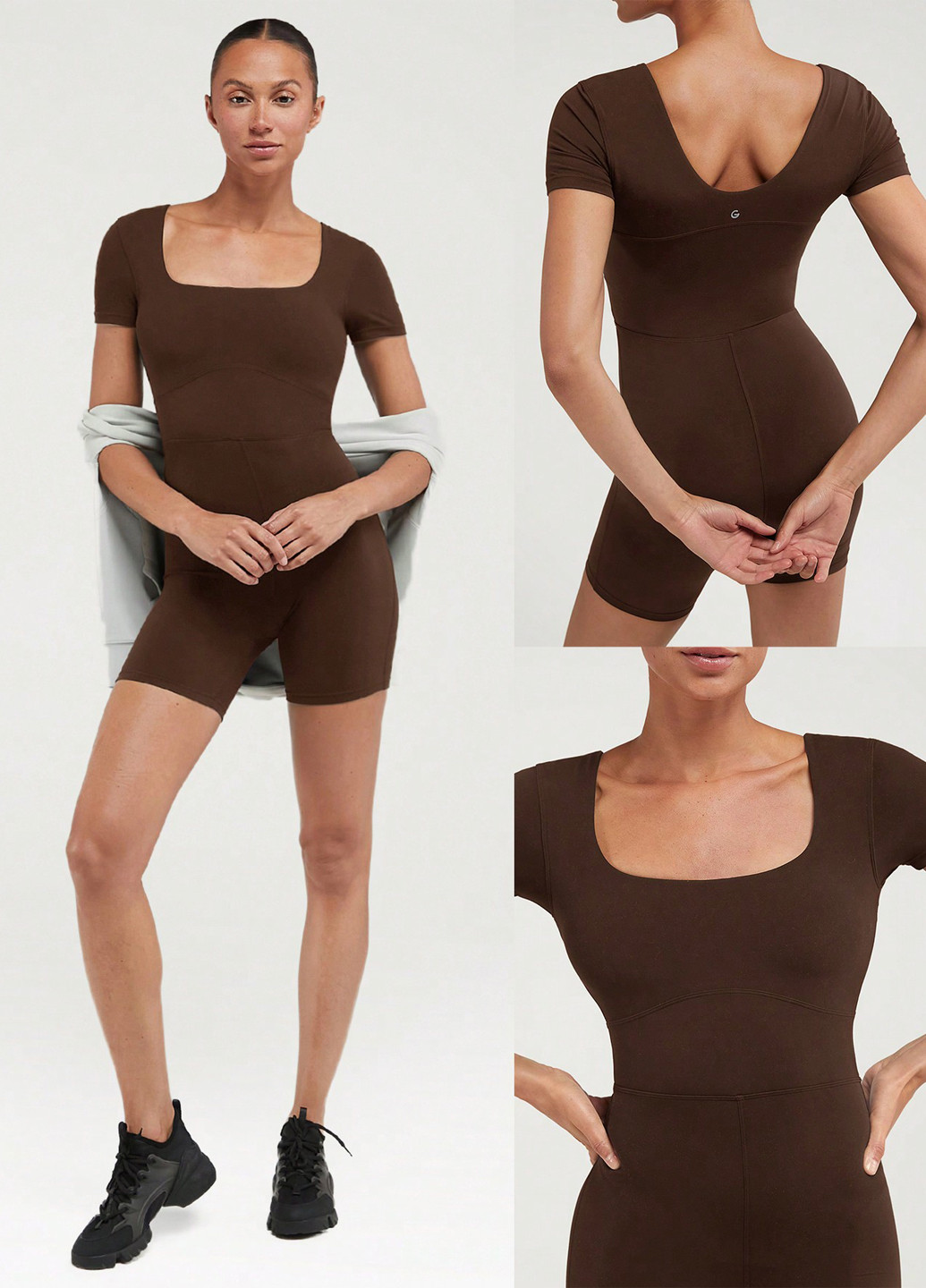 Комбінезон SHEIN комбінезон-шорти однотонний коричневий спортивний поліамід, трикотаж