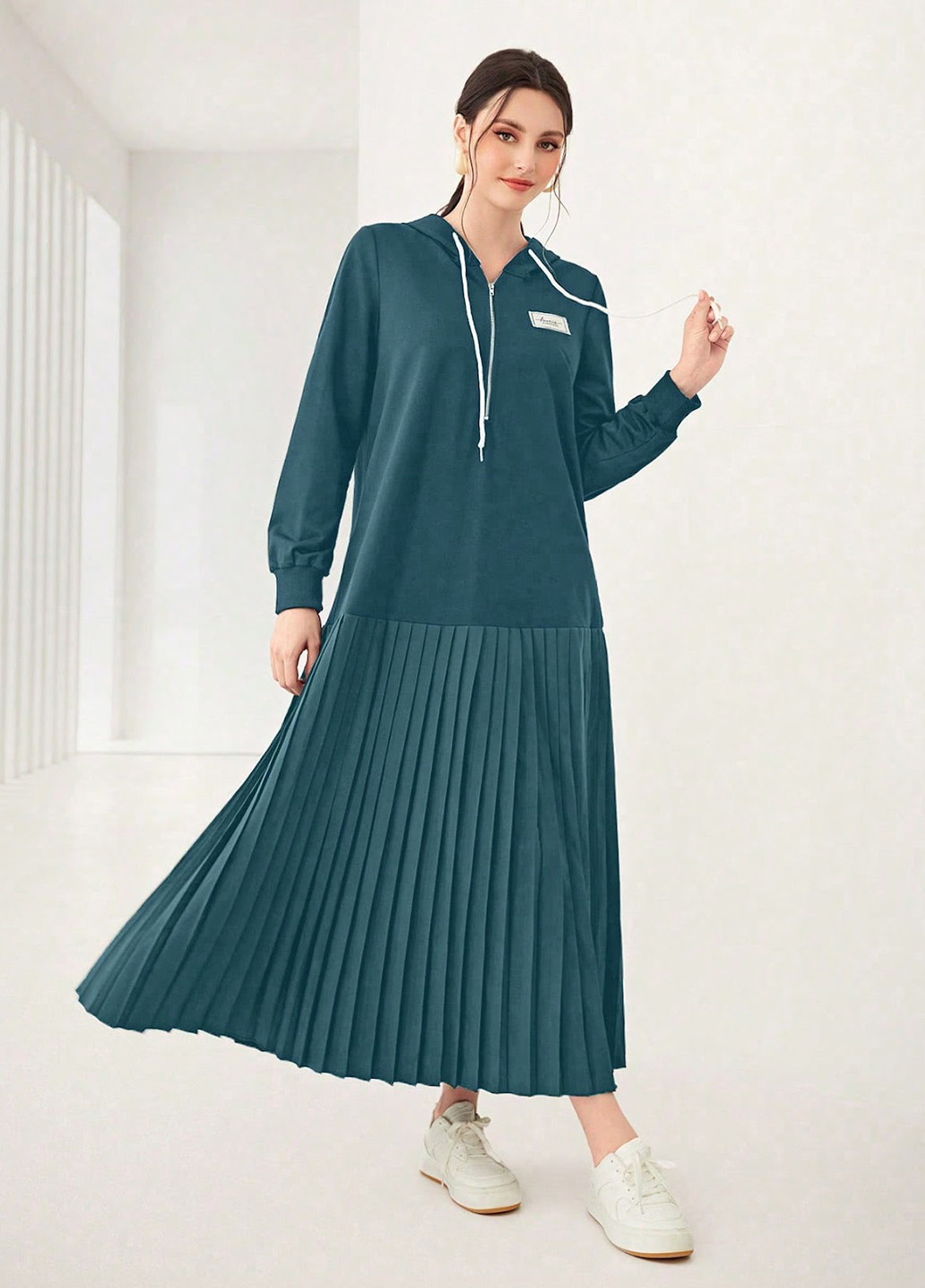 Морской волны кэжуал платье плиссированное, оверсайз, платье-худи SHEIN однотонное