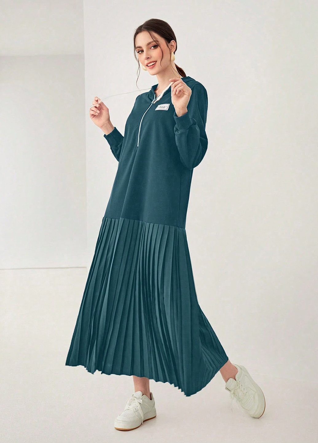 Морской волны кэжуал платье плиссированное, оверсайз, платье-худи SHEIN однотонное