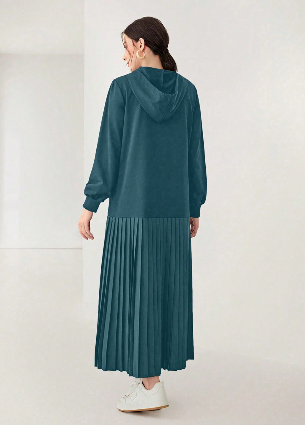 Морской волны кэжуал платье плиссированное, оверсайз, платье-худи SHEIN однотонное