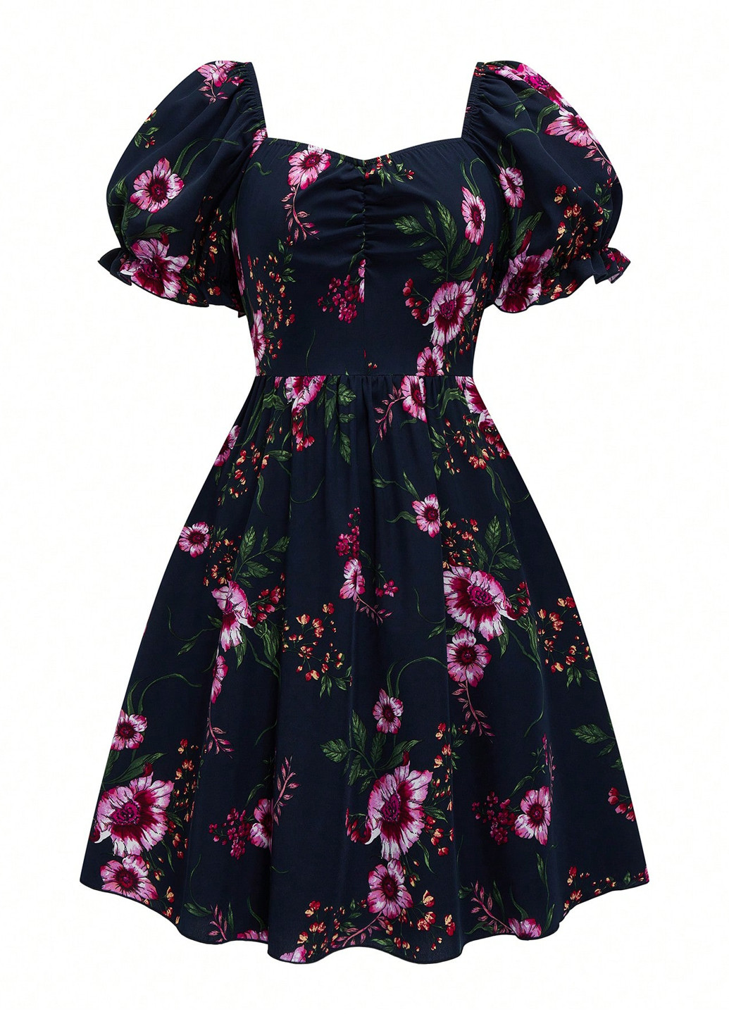 Чорна кежуал сукня з спідницею-сонце, в стилі армпір SHEIN з квітковим принтом