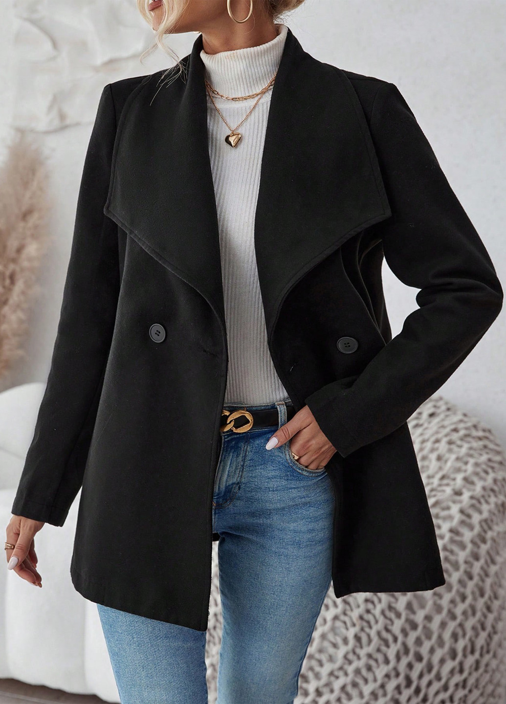 Чорне демісезонне Пальто двобортне SHEIN