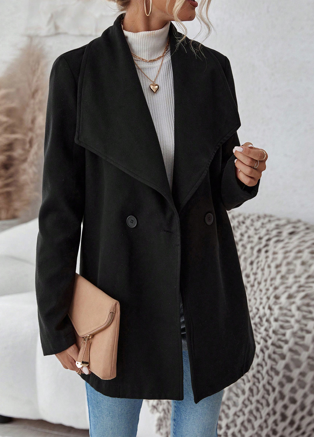 Чорне демісезонне Пальто двобортне SHEIN