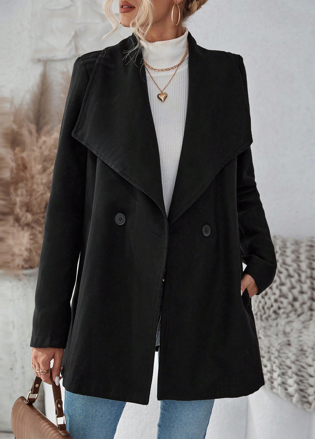 Чорне демісезонне Пальто двобортне SHEIN