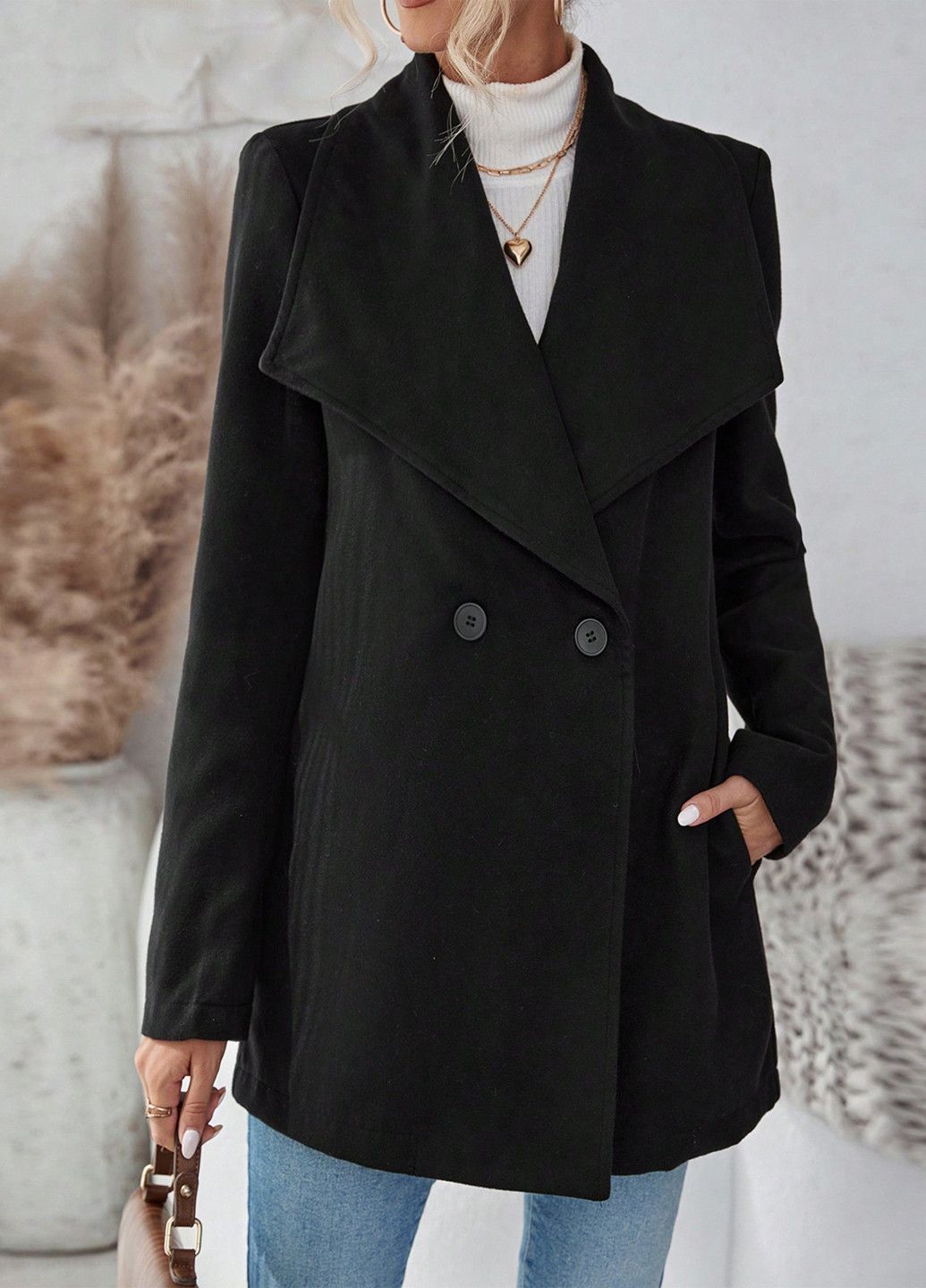 Чорне демісезонне Пальто двобортне SHEIN