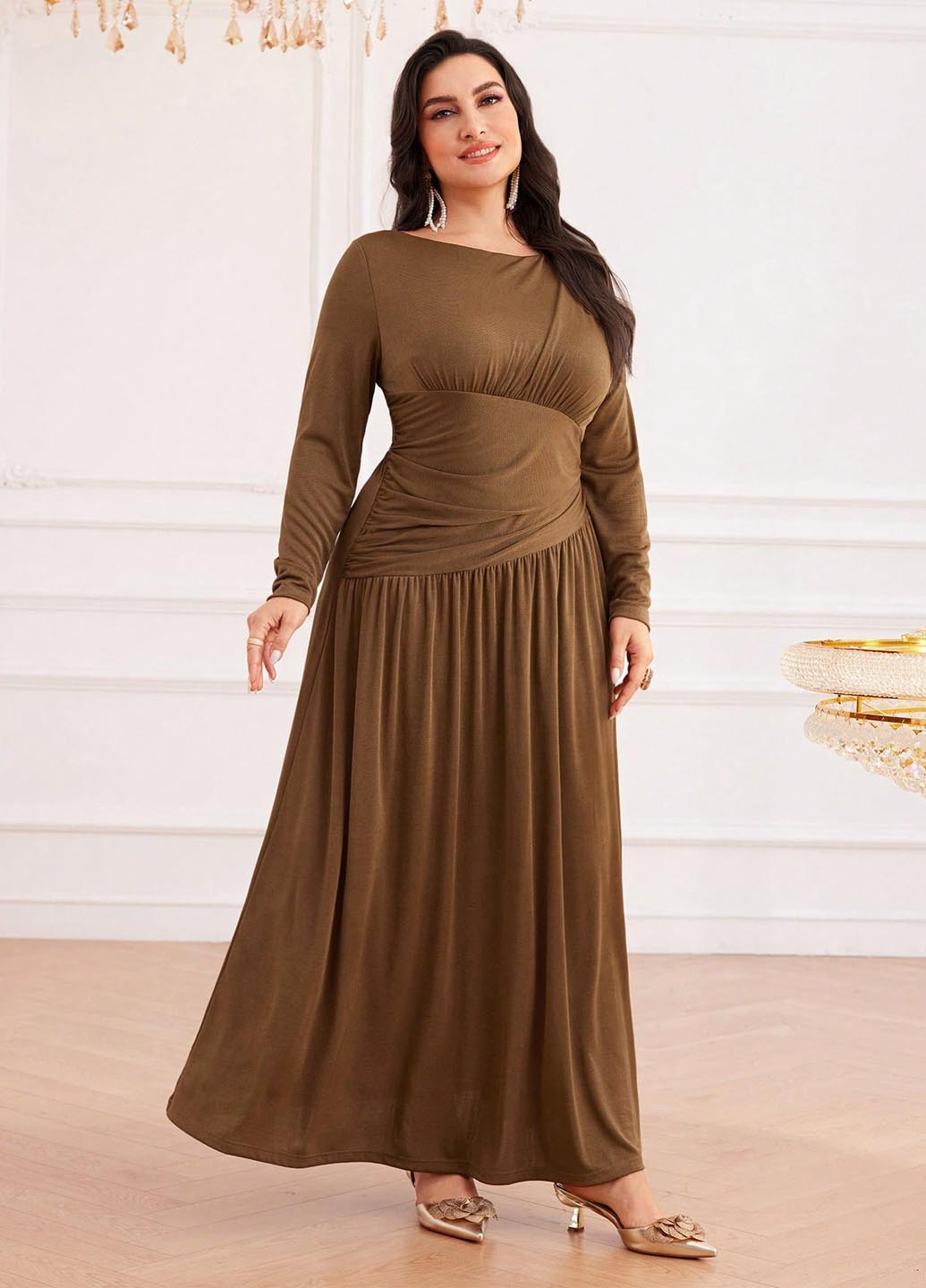 Коричневое кэжуал платье а-силуэт SHEIN однотонное