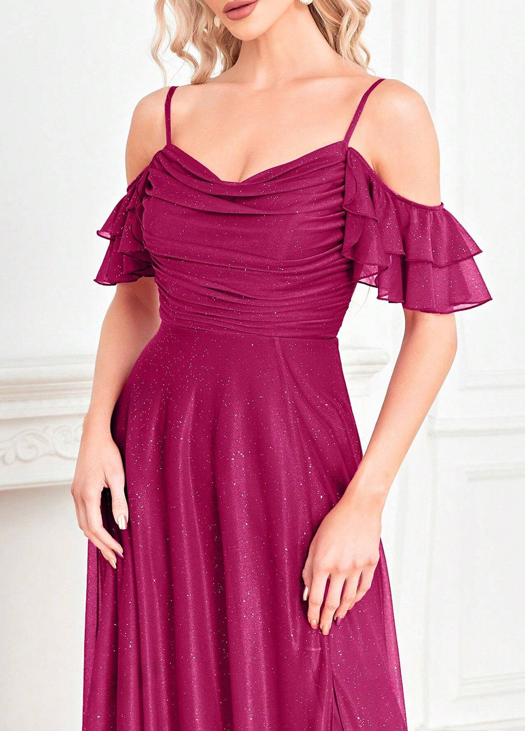 Розовое вечернее, праздничный платье с открытыми плечами SHEIN однотонное