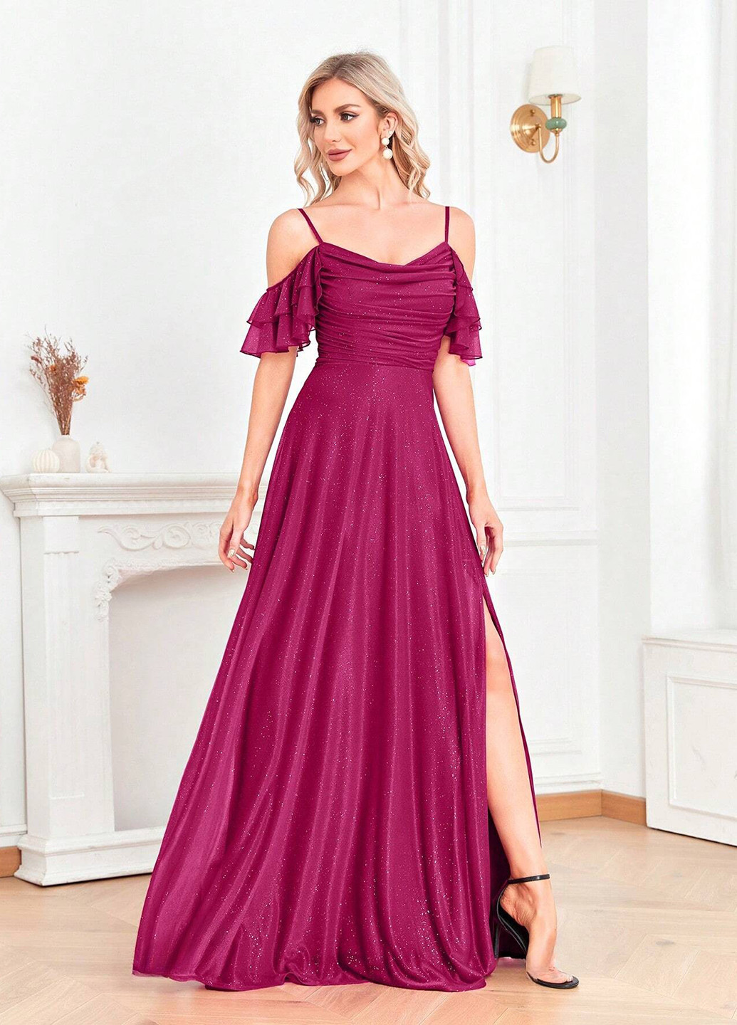 Розовое вечернее, праздничный платье с открытыми плечами SHEIN однотонное