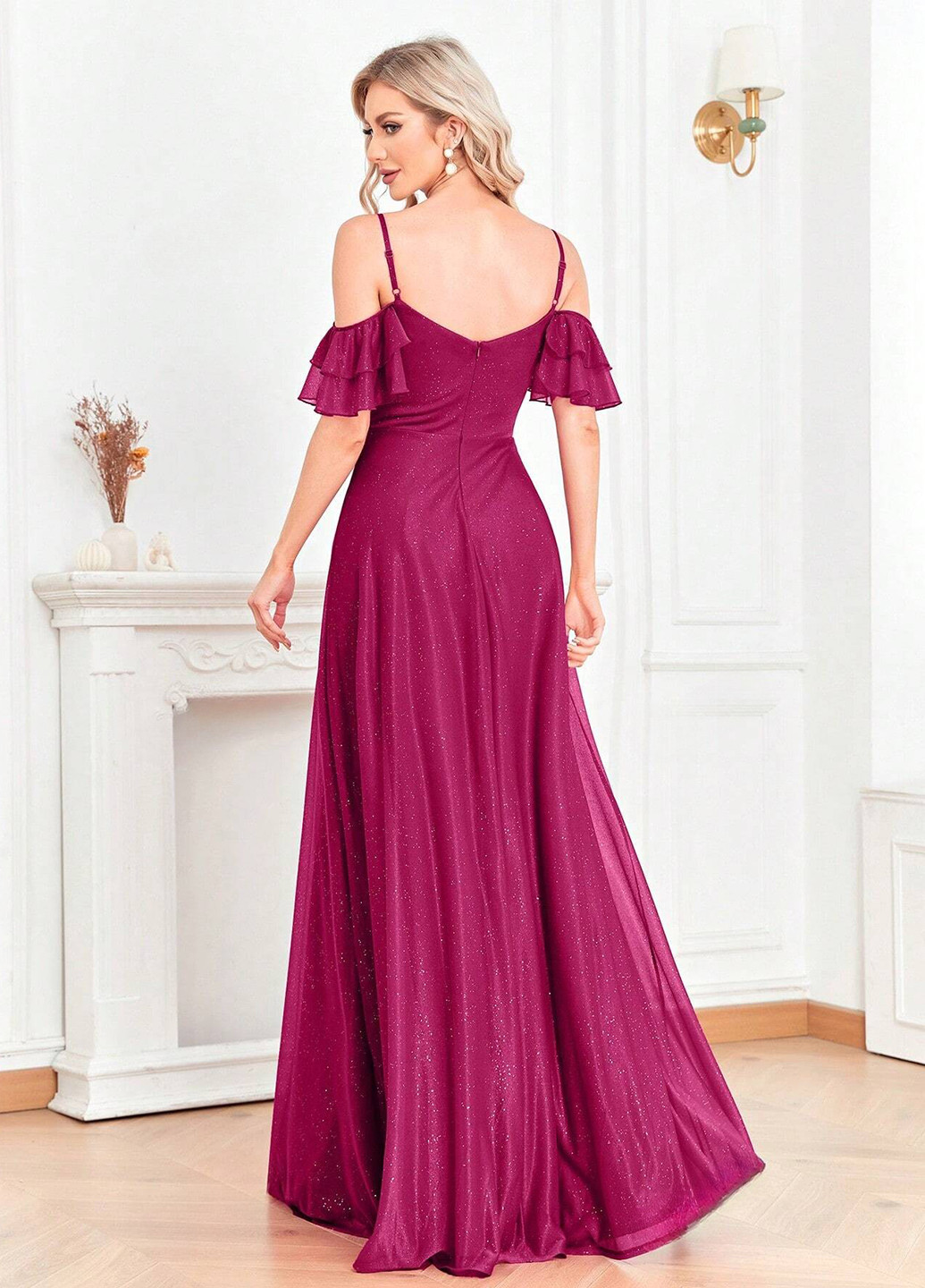 Розовое вечернее, праздничный платье с открытыми плечами SHEIN однотонное