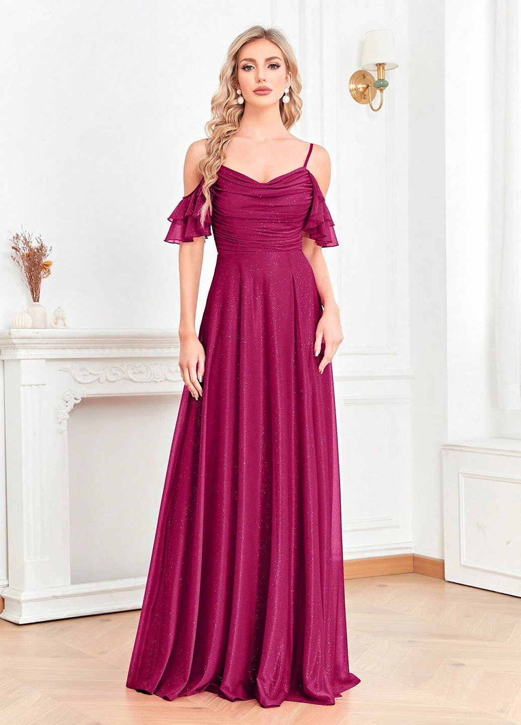 Розовое вечернее, праздничный платье с открытыми плечами SHEIN однотонное