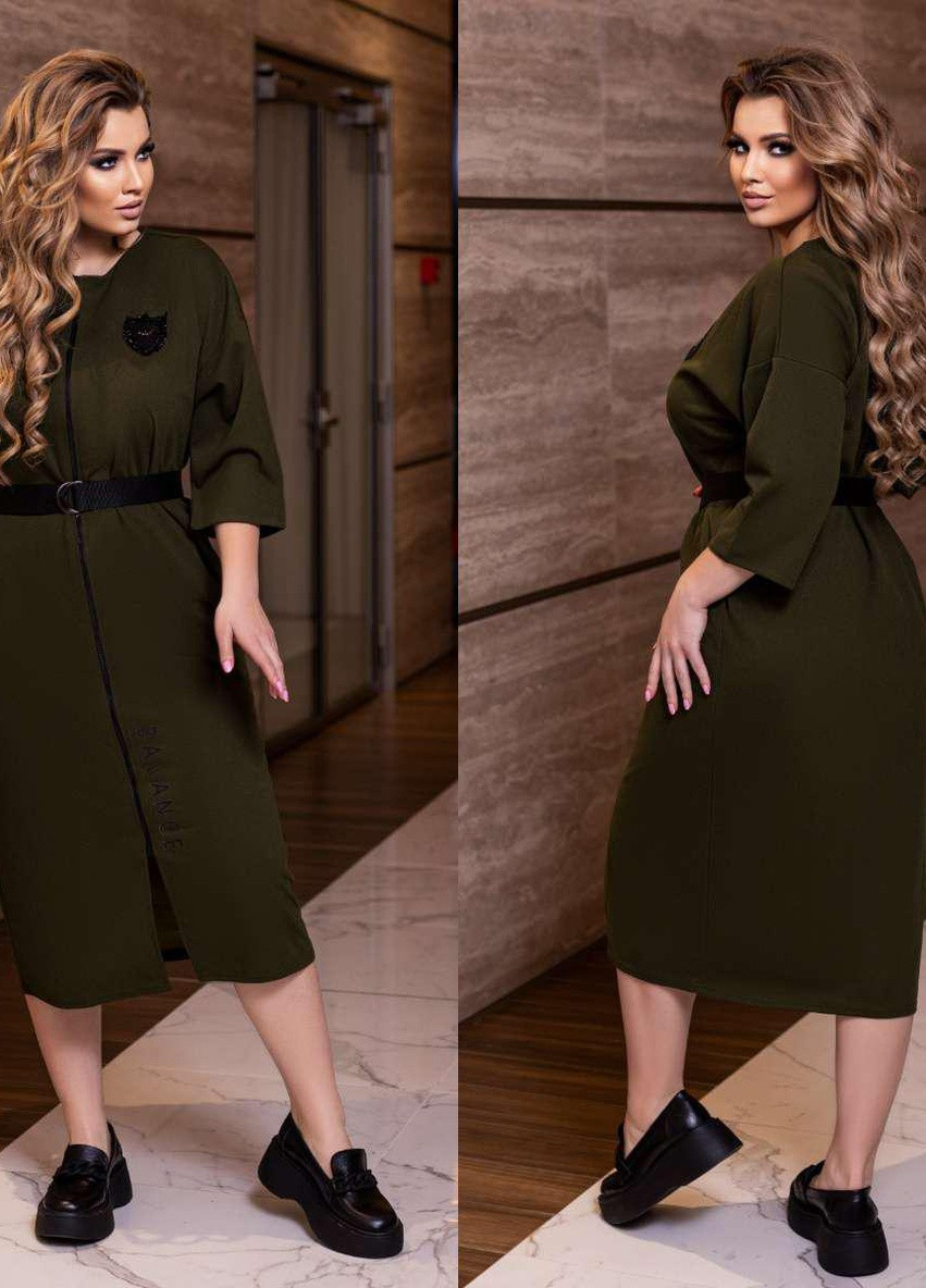 Оливковое (хаки) женское платье на молнии и под пояс размер норма цвет хаки 374593 New Trend