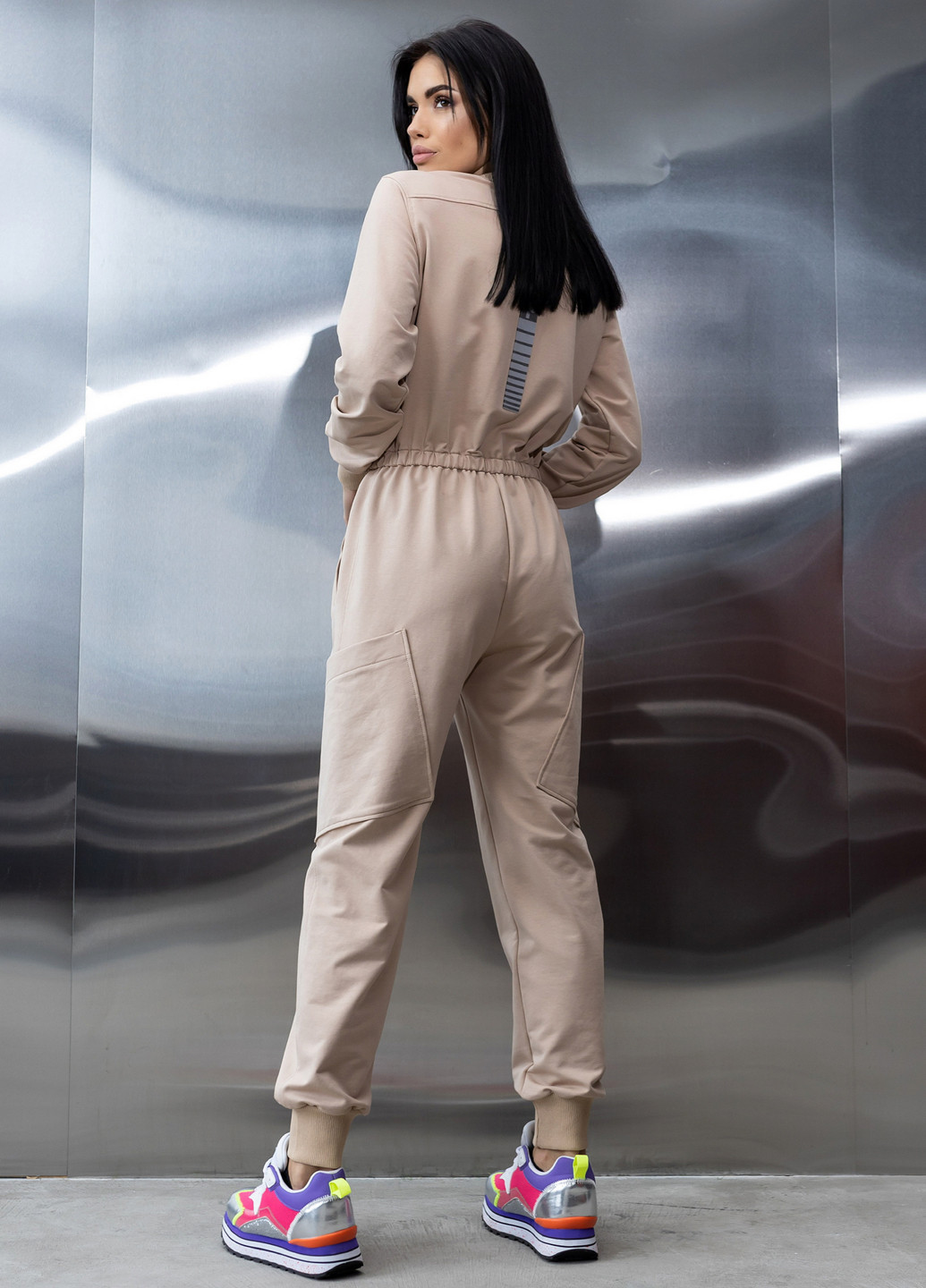 Бавовняний комбінезон з поясом та блискавкою TOTALFIT комбінезон-брюки однотонний бежевий кежуал, спортивний бавовна, двунитка