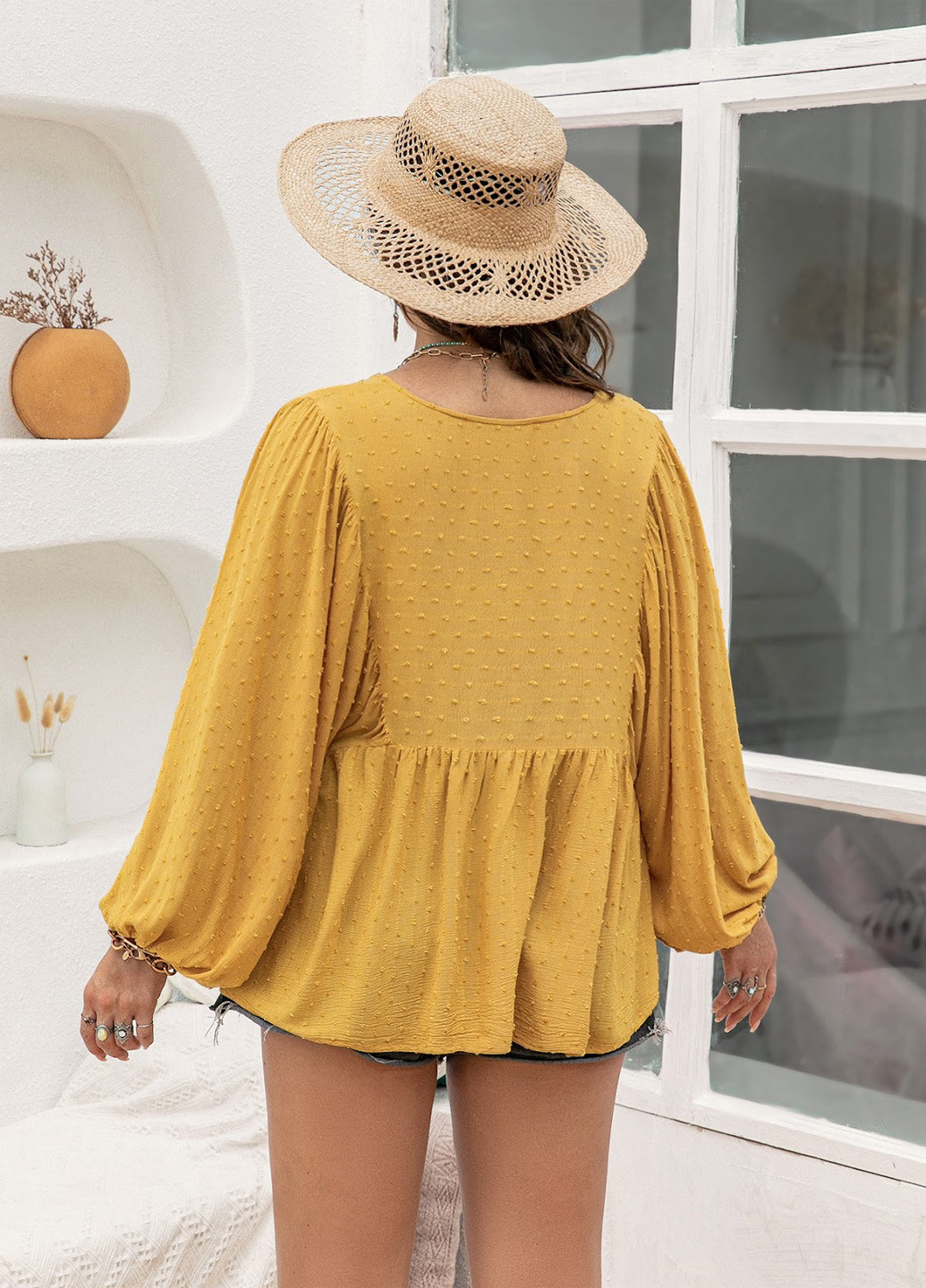 Горчичная блуза с баской SHEIN