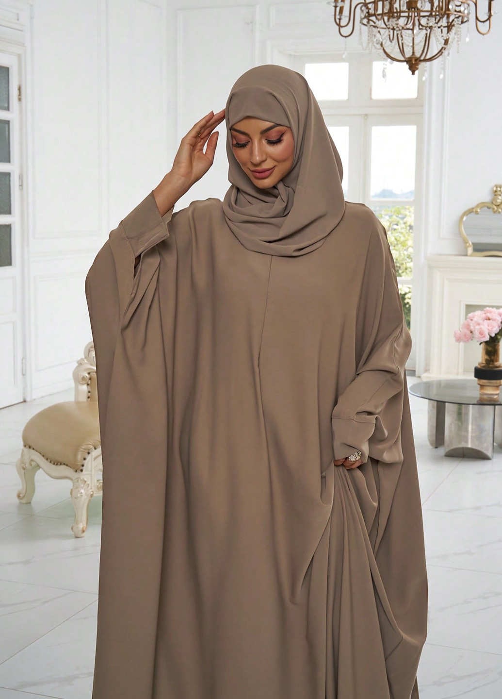 Кофейное кэжуал платье а-силуэт SHEIN однотонное