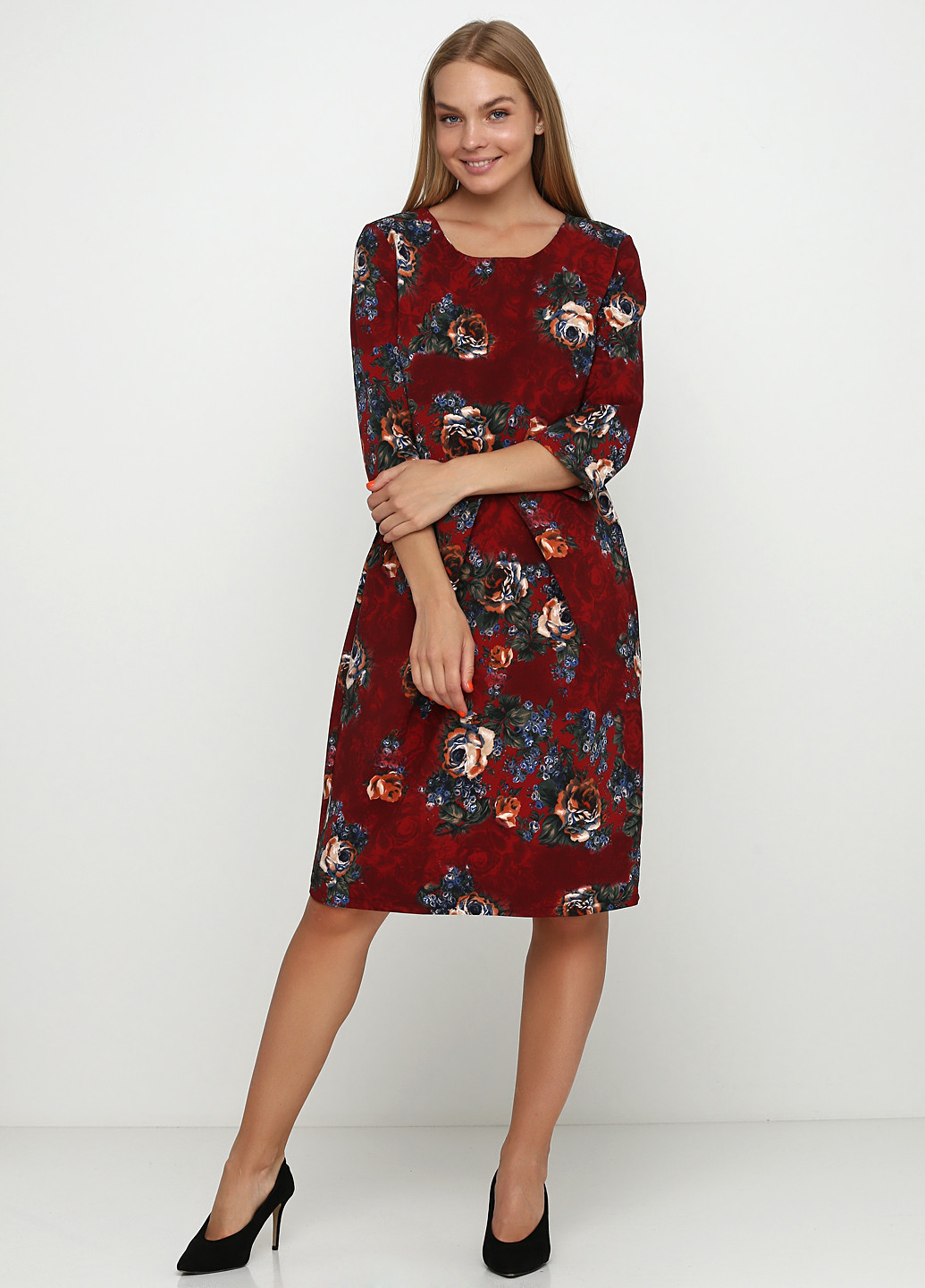 Бордовое деловое платье футляр Imperial с цветочным принтом