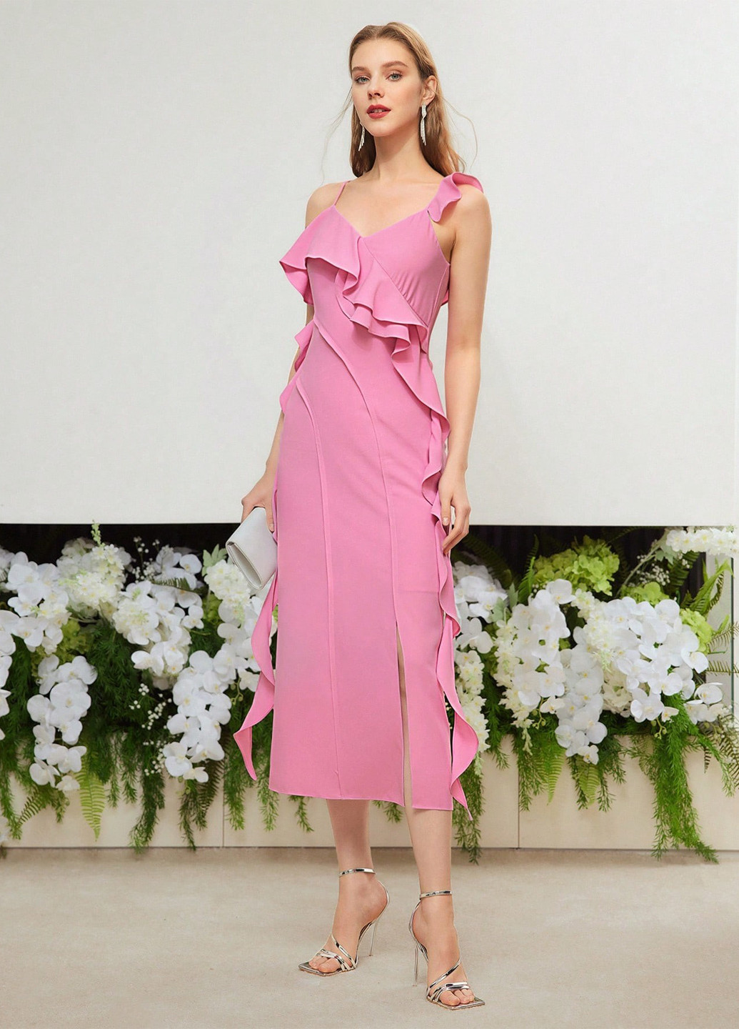 Светло-розовое вечернее, коктейльное платье футляр SHEIN однотонное